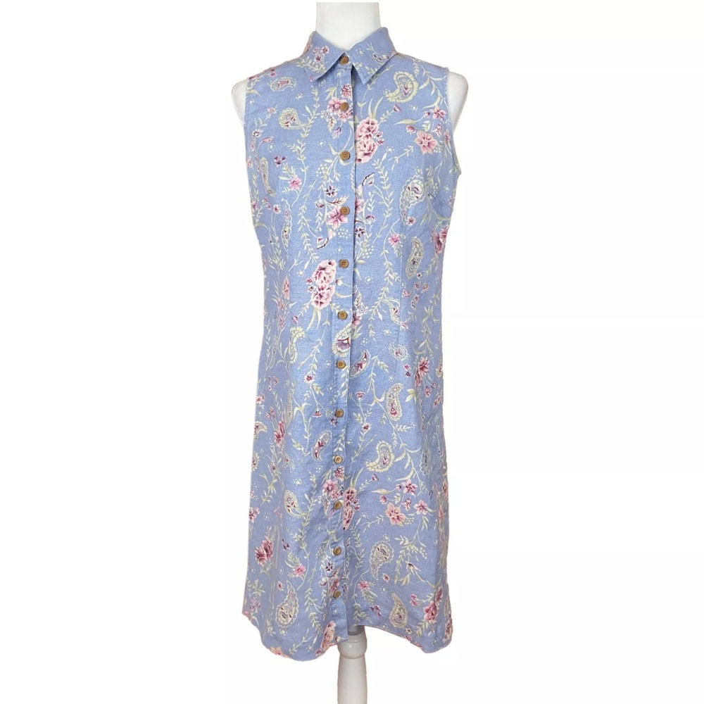 Charter Club Sleeveless Shirt Dress 6 Blue Floral Paisley Linen Cotton M…